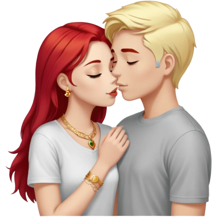 close-up of young 20 year old couple kissing, girl with red hair and blonde eyebrows wearing gold jewelry and light clothes, boy with white hair wearing dark t-shirt emoji