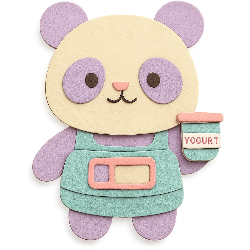 chibi yogurt maker-panda hybrid holding a tiny yogurt cup in paw, pastel palette, full-body emoji