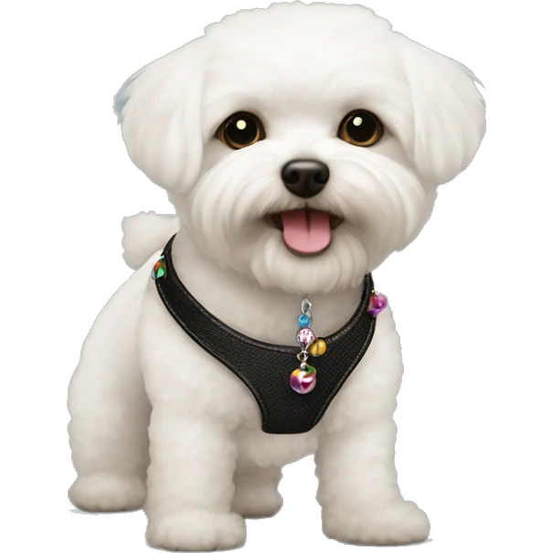 One Small furry Black bichon with one  colorful bead necklaces with brown harness emoji