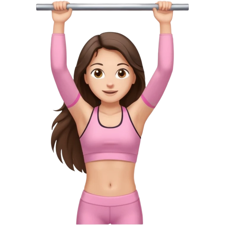 white happy brunette teen long hair with hazel eyes in light pink workout clothes doing a pullup emoji