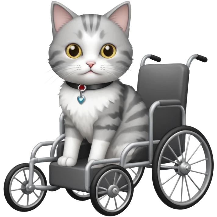 grey and white cat in a cat wheelchair emoji