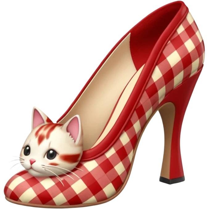 Cottagecore deep red and cream Gingham plaid,  kitten high heel mules, 3D rendering, isolated, side view. Not emoji icons, no emoji faces, no human figures, 300 dpi, professional 4k hd quailty  emoji