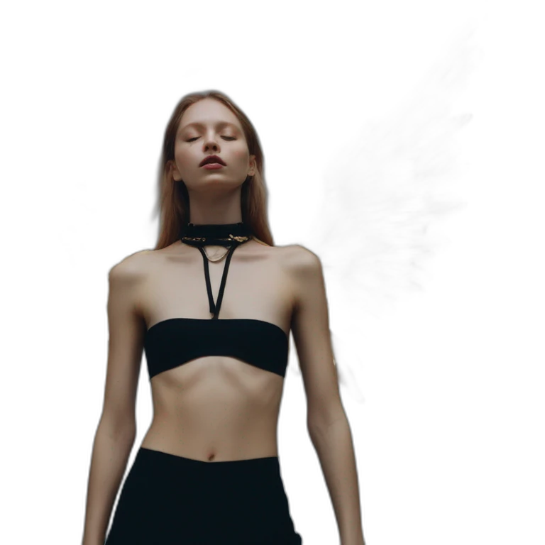 Angela Olszewska, david bellemere, Bare belly, Wings, Choker, Bathed in shadows, FOV 90 degrees, short lighting, L USM, Cold Colors, gilded technique, extremely hyper aesthetic, absurdres emoji