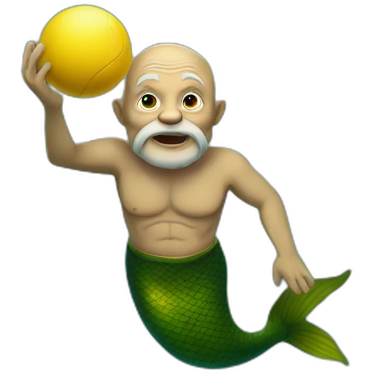 Underwater old man mermaid swimming, bold with no hair, holding a small yellow ball, winning enthousiasm emoji