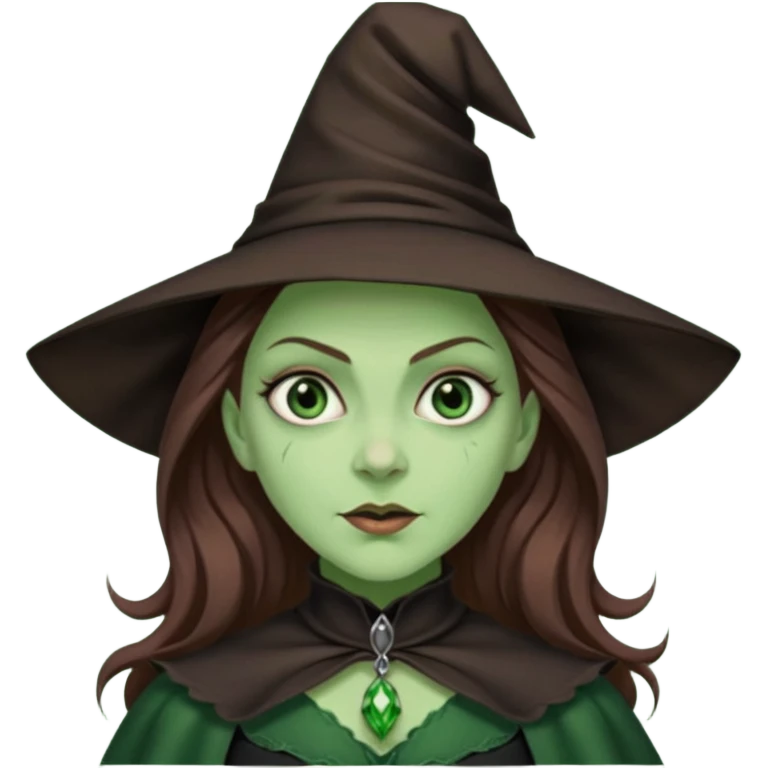 Wicked Witch of the West from the Wizard of Oz with green skin and eyes, brown long hair, dark green outfit emoji