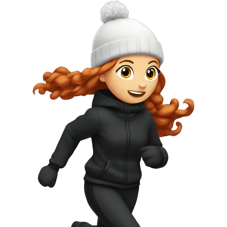 Redhair girl running in winter all black outfit in 2D emoji