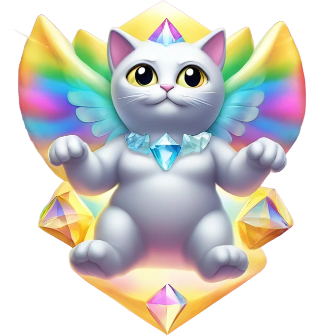 Transcendent Heavenly Rainbow 4d Diamond ultra mega surpream Omni-Cat God with wings and a ring around its body and another ring above it’s head full body emoji