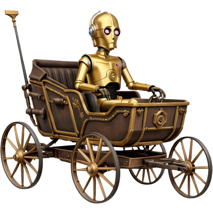 Old American West tarnished C-3PO bounty hunter in 1854 delicately ornate rosegold accents painted buggy buckboard wagon powered by electric motors and batteries with safety features and belts flying rapidly across rough dusty terrain stable on strong agile futuresteampunk suspension and steering  emoji