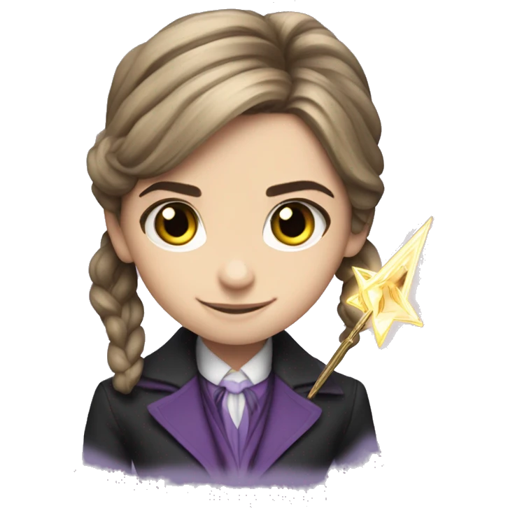 Emma Watson violet suit as Minister of Magic with her wand emoji