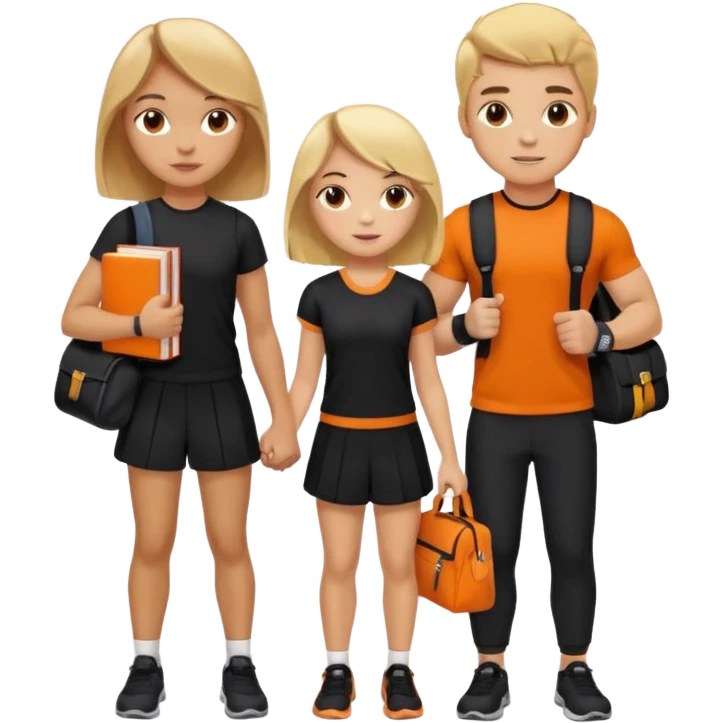 light skin students girl and boy with school bag full of books on hand and dumbell in other hand. Clothes are in black and orange colours. They are going to the gym. They have brown and blonde hair emoji