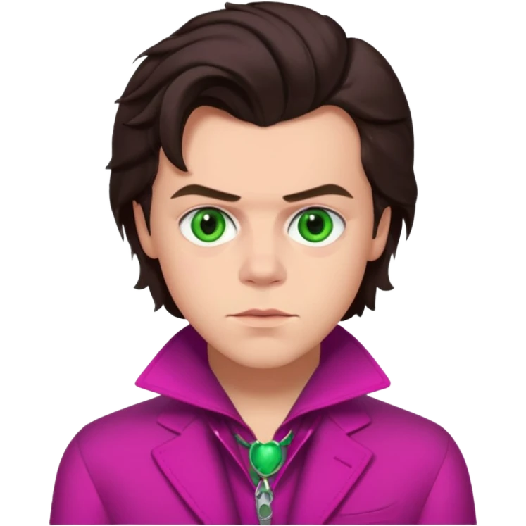 Harry Styles with green eyes, dark brown hair, magenta outfit emoji
