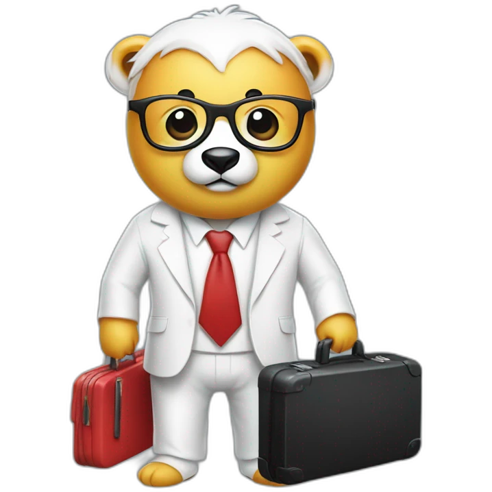 A professor with white suit and red tie and a panda face eating a hotdog and holding a black suitcase emoji