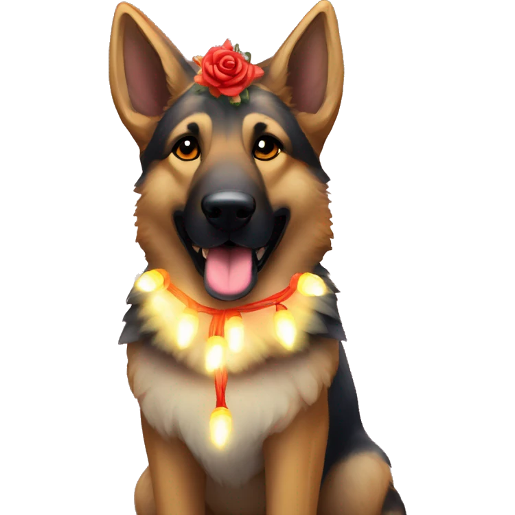 Brindled German shepherd fox carrying glowing red lantern, fairy lights, rose flower crown emoji