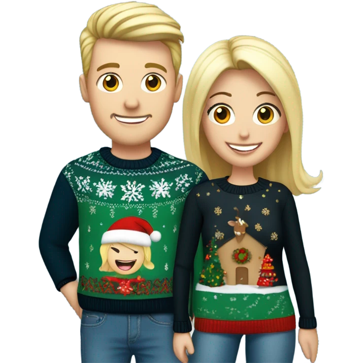 Happy white couple wearing Christmas jumper and blue jeans, man with black hair woman blonde long emoji