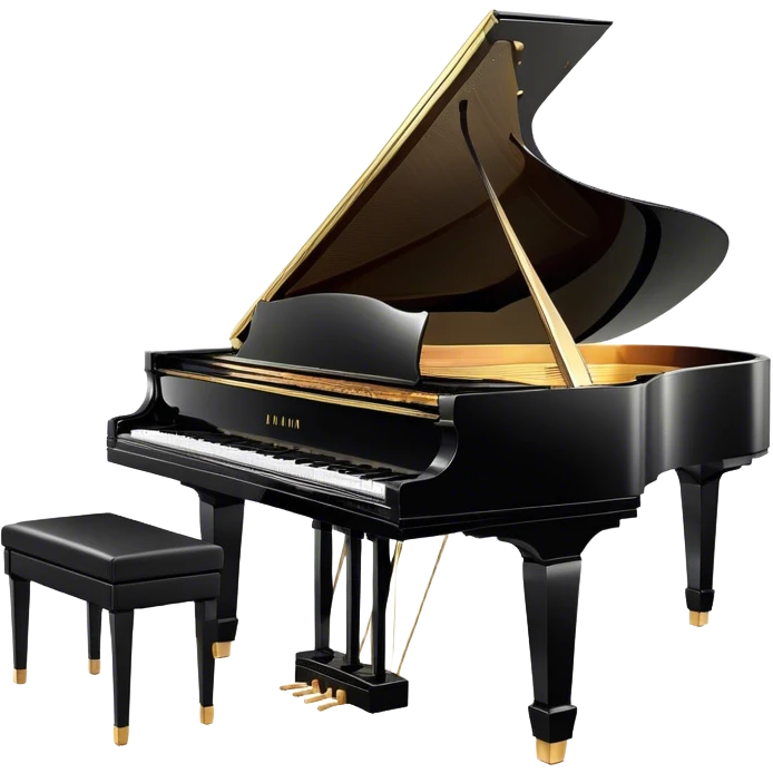 Cinematic Realistic Piano, glossy black grand piano with elegantly curved edges, pristine white and black keys, soft golden light reflecting off its polished surface, faint reflections of a musician’s hands, glowing with refined elegance and musical depth. emoji