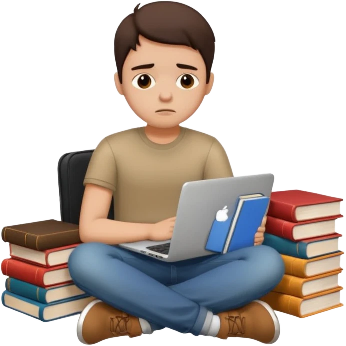 a student crashing out with the laptop on the lap and books on the side -  an emoji like this 😭 emoji