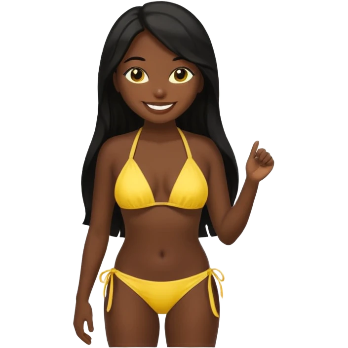 Dark black skin, african girl, long black hair, yellow bikini smiling, full body, posing emoji