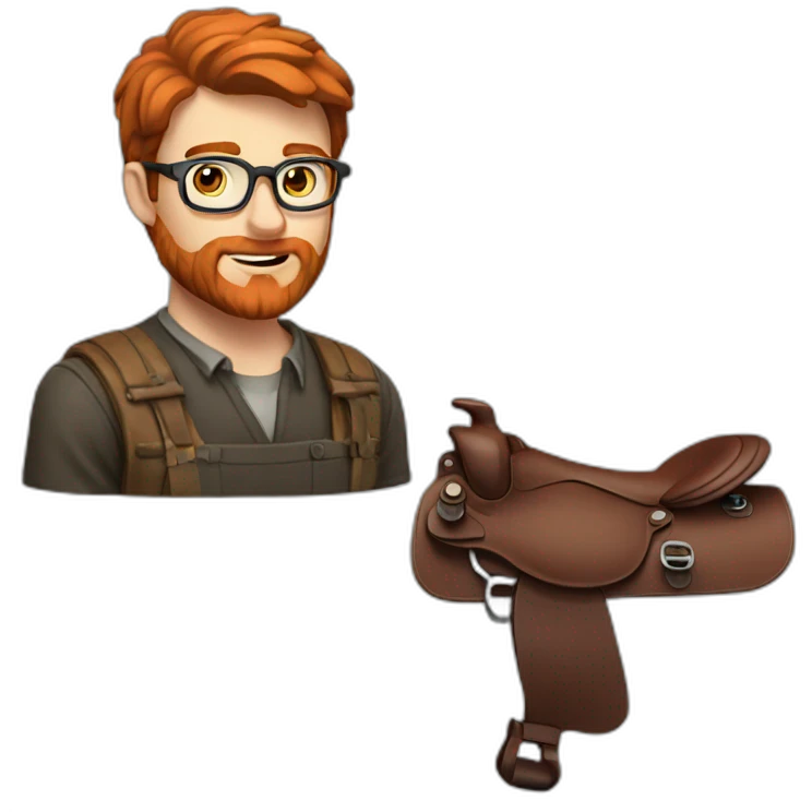 Red smooth haired man with beard and glasses repairing a saddle emoji