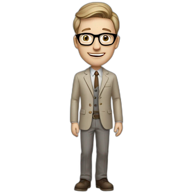 Crickering Pale skinned Fit Man With dark brown hair in gray jacket, beige office shirt, Brown pants and vintage glasses In the joke cap emoji