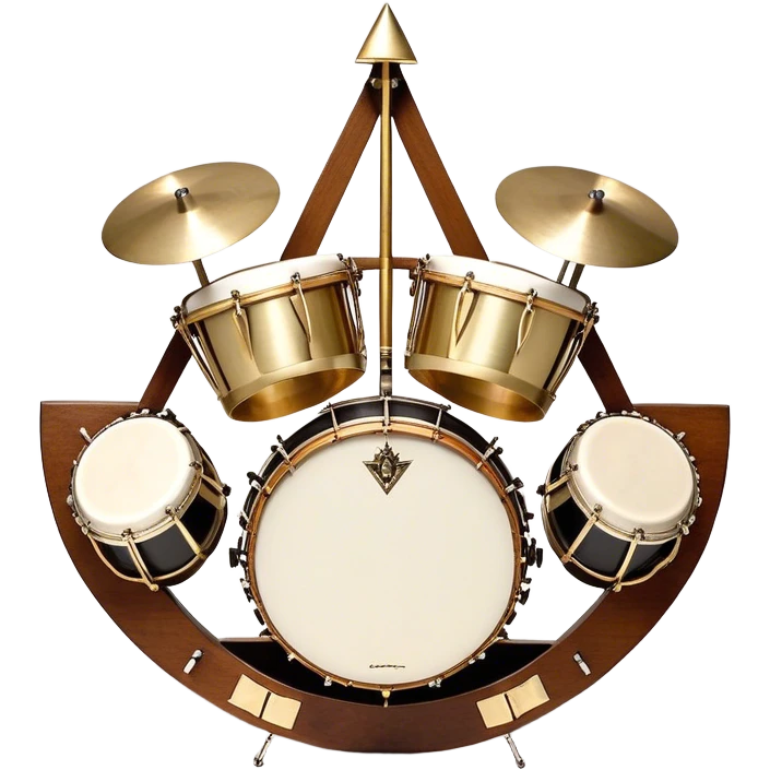 Create a heraldic, festive, and professional emblem-like emoji representing percussion instruments. The design should resemble a traditional crest, featuring a range of percussion instruments like cymbals, triangle, tambourine, maracas, timpani, and other traditional and folk percussion instruments. Arrange them symmetrically, with elements like cymbals crossing each other, a triangle at the center, and timpani or drums flanking the sides. The instruments should be depicted with metallic and wooden tones—shiny brass for cymbals, silver for the triangle, and rich wood or polished bronze for drums. Include ornate details like engraved patterns on the instruments, decorative swirls or laurels, and subtle accents to add elegance and festivity to the composition. The overall design should be cohesive, balanced, and visually striking, suitable for use as a prestigious emblem. The background should be transparent. emoji