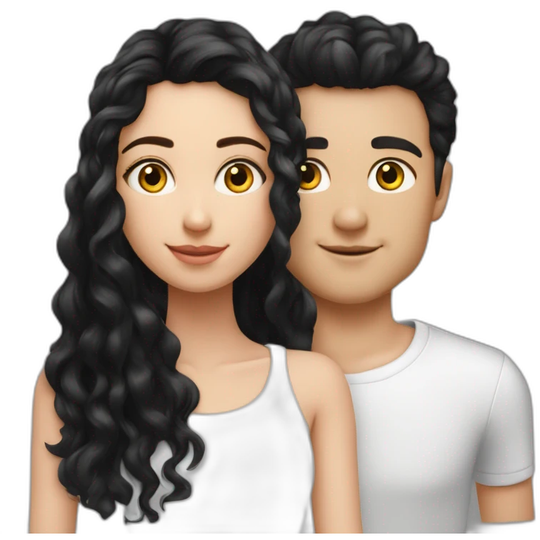 Garçon blanc cheveux noir avec fille noir cheveux long boucle Garçon blanc cheveux noir lisse couple avec fille noir cheveux long boucle emoji