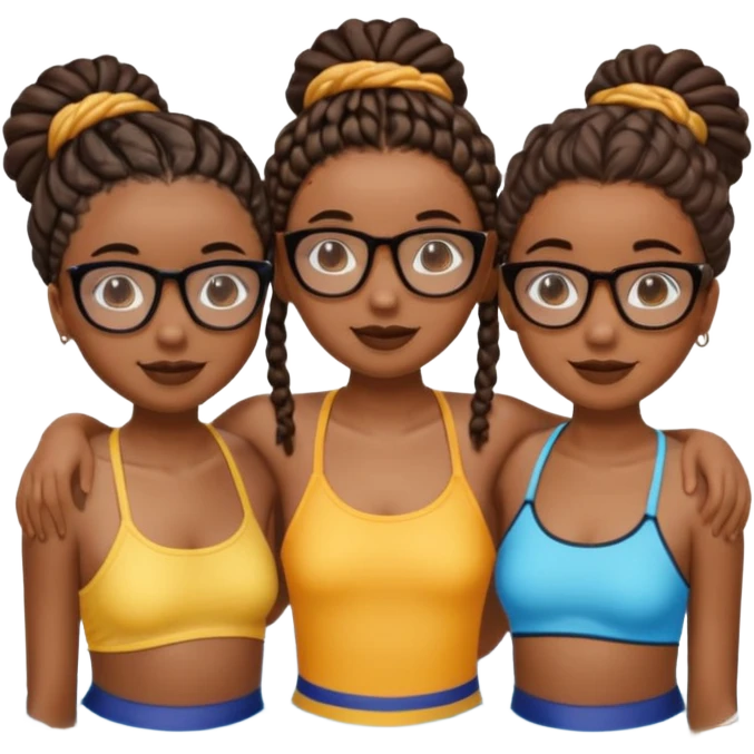 3 black girls im the pool having fun, one is tall caramel skin and slim with glasses and coller bone mini twists, the other is dark skin with no glasses and neck shoulder length mini twists and the last girl is short and chubby with box braids and no glasses  emoji