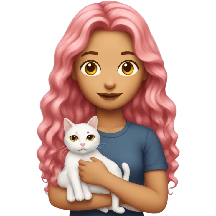 girl with long pink wavy hair holding a cat emoji