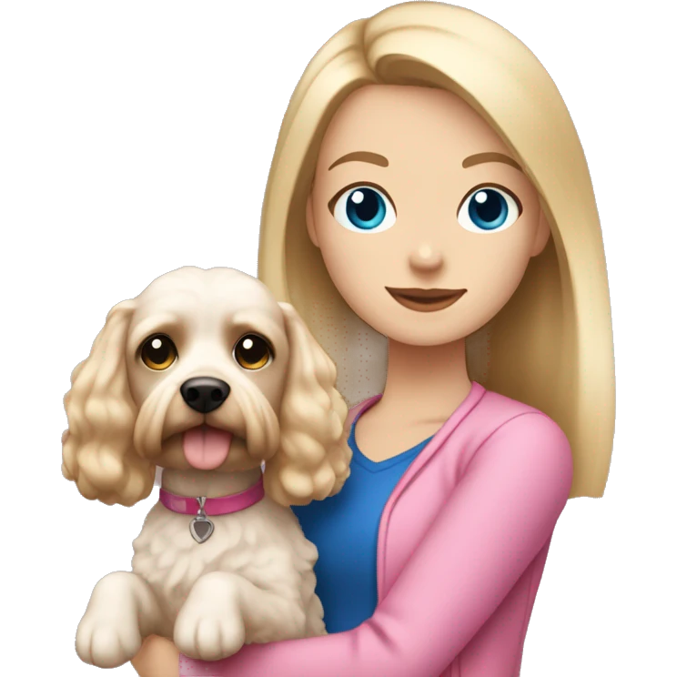 straight blonde hair and dark blue eyed girl wearing pink holding a white and brown cockapoo dog emoji