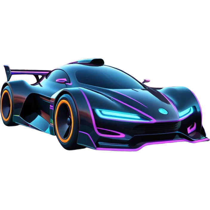 A futuristic racing car with glowing neon lights, sleek aerodynamic design, and a cyberpunk cityscape in the background. The car is speeding through a neon-lit street with high-tech buildings and holograms." emoji