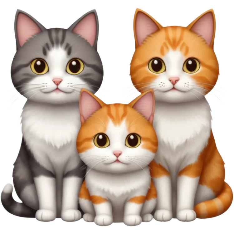 3 different coloured short haired cats including; a dark brown tabby and white cat, and a dark grey and white and a ginger and white emoji