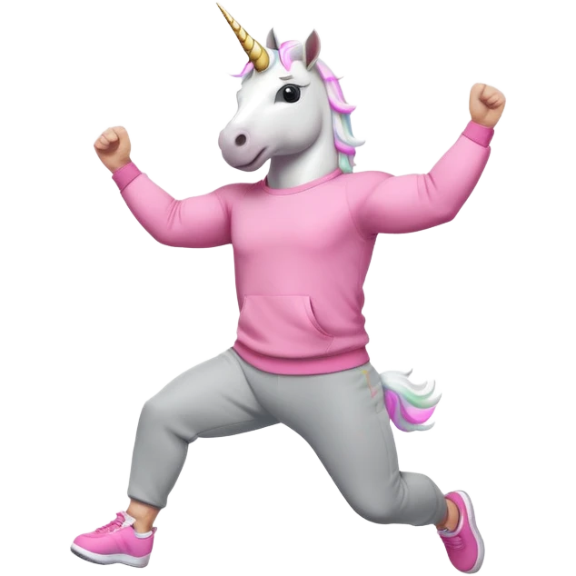 friendly anthropomorphised male white unicorn with a fit, chunky, muscular and strong physique, arms and legs matching the white of the head, wearing grey tracksuit pants and pink jumper, sunglasses, jumping for joy emoji