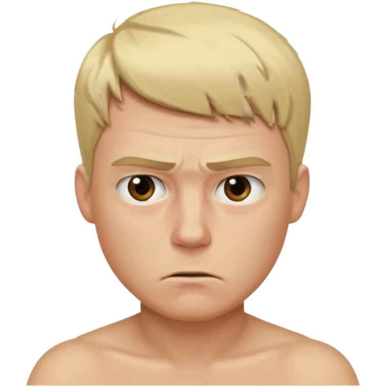 a blond guy with a short haircut, a tired and angry face, no shirt, with dark circles under his eyes emoji