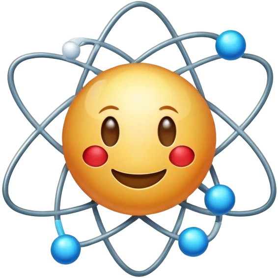 cute cartoon atom with a smiling face and orbiting valence electron emoji