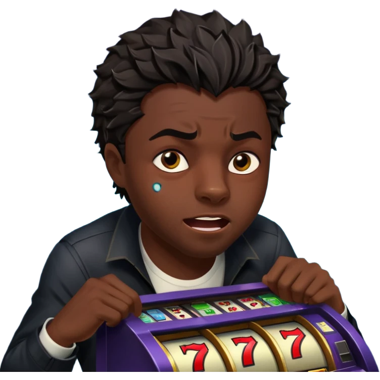 disheveled Black Panther losing money at a slot machine, panicked face, coins flying emoji