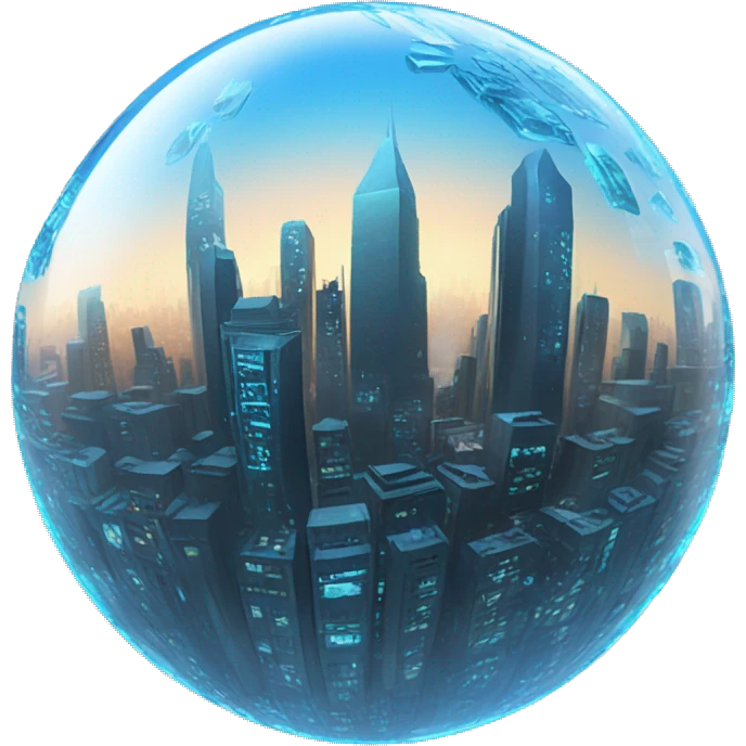 a blue crysta ball with a cyberpunk city inside in emoji