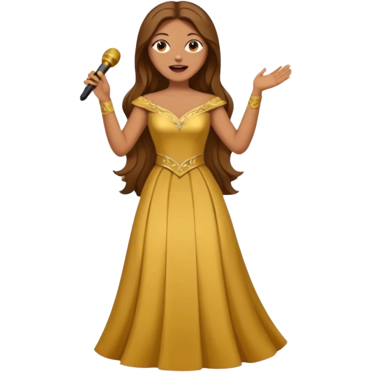 woman opera singer singing with long brown hair and golden dress and entire body emoji
