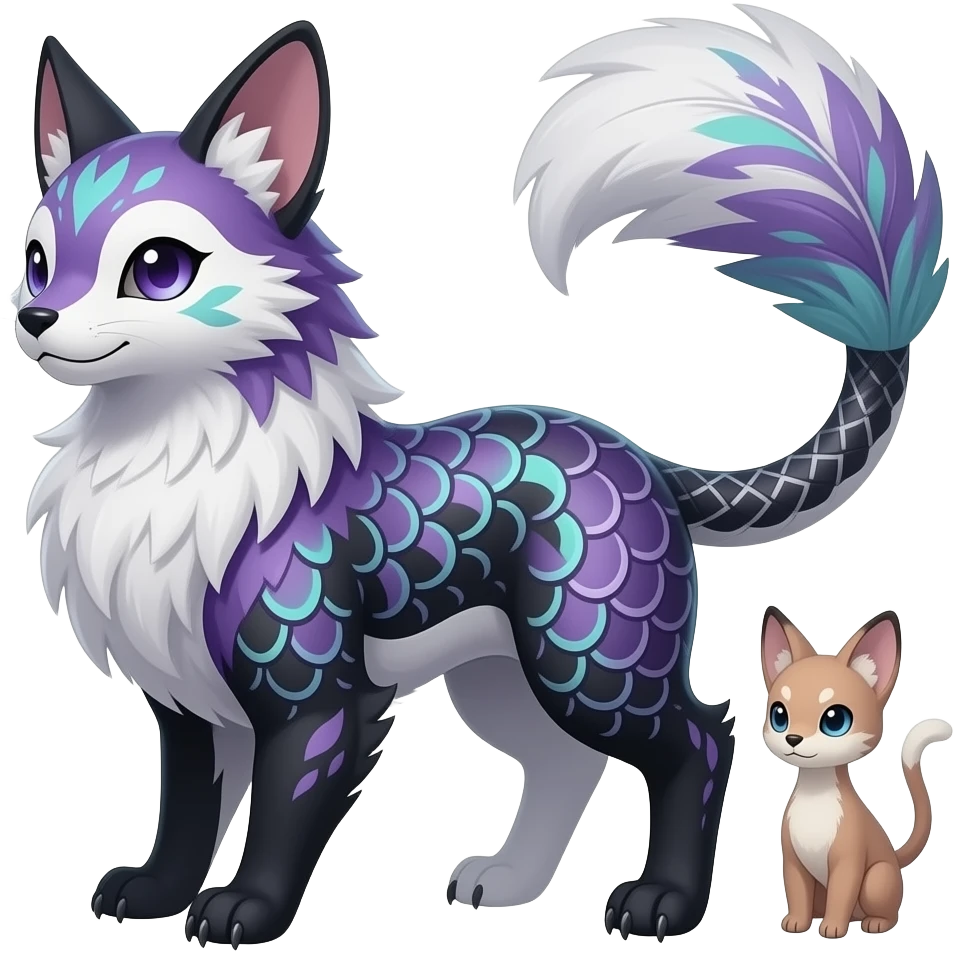 Grunge-patterned majestic feathery elegant realistic stylish Furry, feathery fluffy tropical flecked painted feathery scaly, Purple, white, black, Minccino-Bambino-Lykoi-Linoone-Zangoose-fusion-hybrid-animal-Fakémon-creature, full body, thin long sleek scaly tail, intricate markings emoji