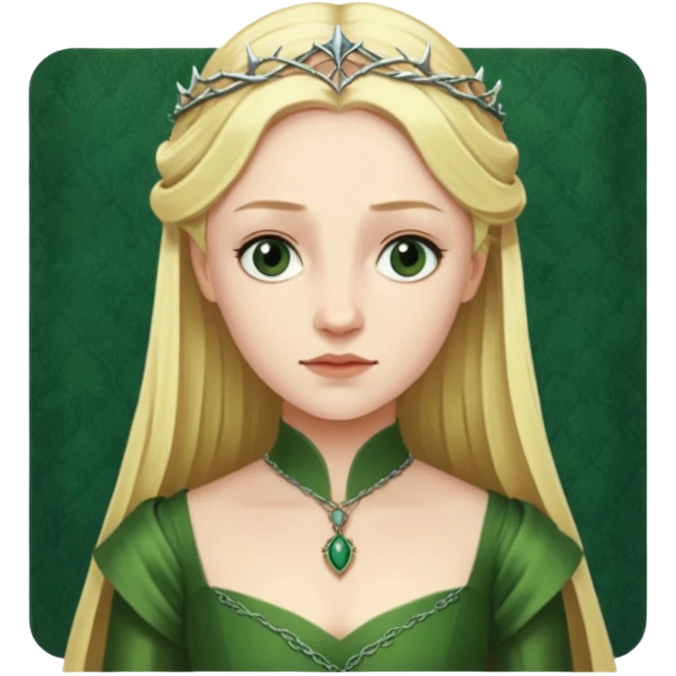 Elizabeth Woodville is the queen of York and looks like a blonde Rebecca Ferguson. She is wearing a green dress and looks like a Game of Thrones Character emoji