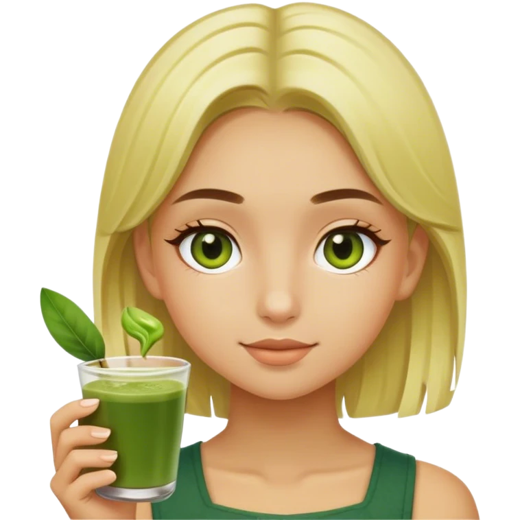 a blondie girl with olive eyes enjoying her matcha emoji