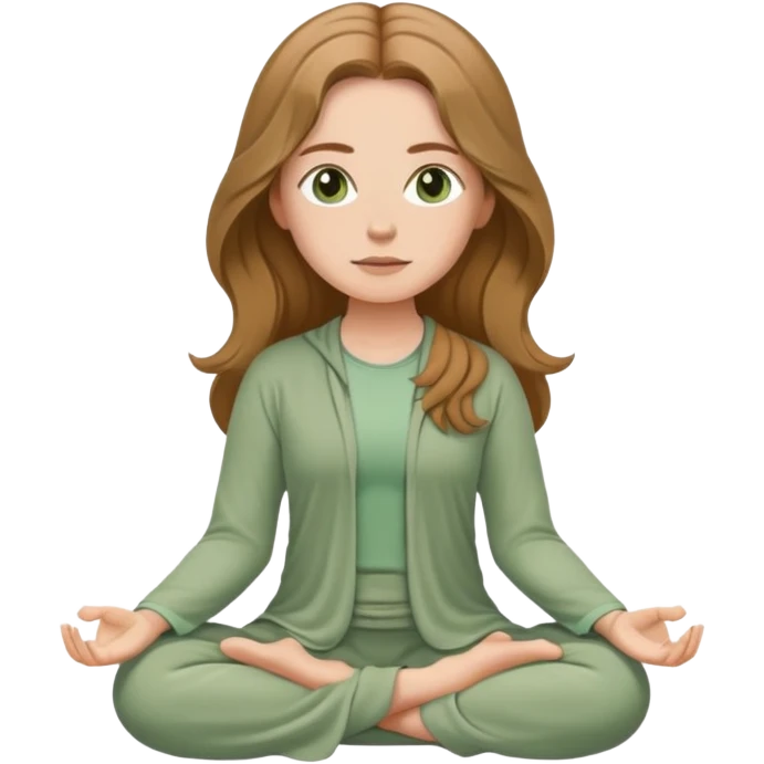White girl, with long wavy light brown hair and hazel eyes, meditating wearing sage green emoji