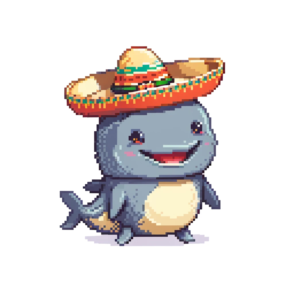 A happy whale wearing a large Mexican sombrero hat, playful character emoji