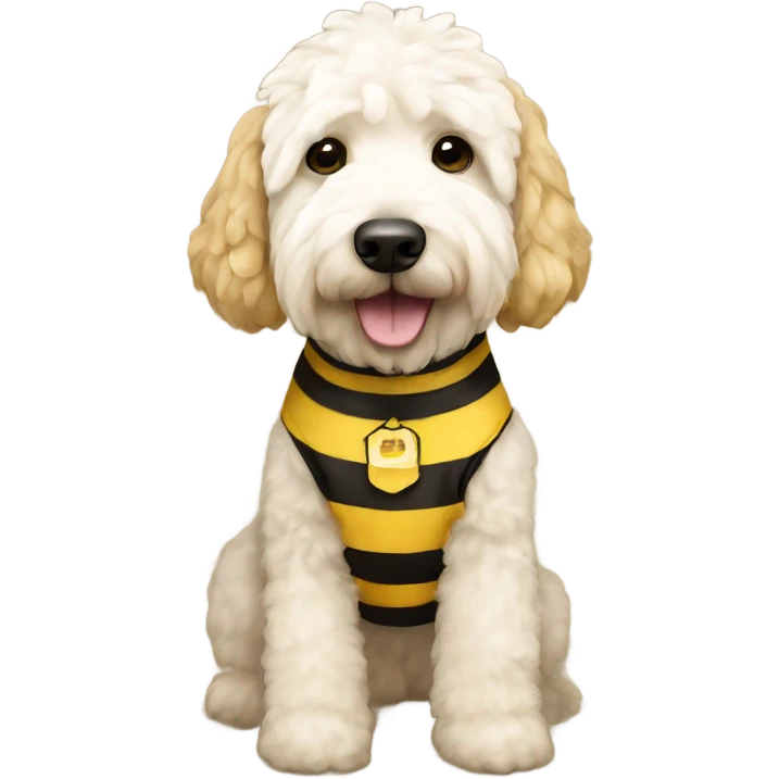 A white and cream golden doodle in a bee outfit  emoji