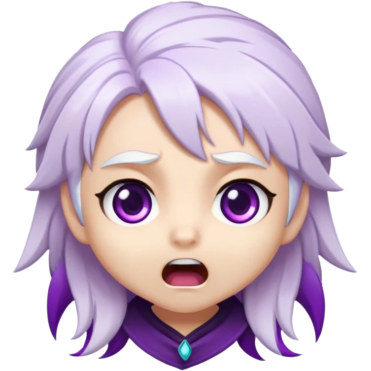 Chibi Sable Ward with shocked expression, wide purple eyes, mouth in an O shape, white hair with purple streaks, surprised look emoji