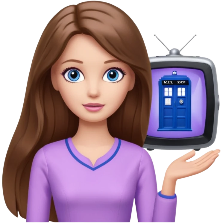 beautiful barbie girl with long brown hair, blue eyes and wearing light purple clothes watching dr who on tv emoji