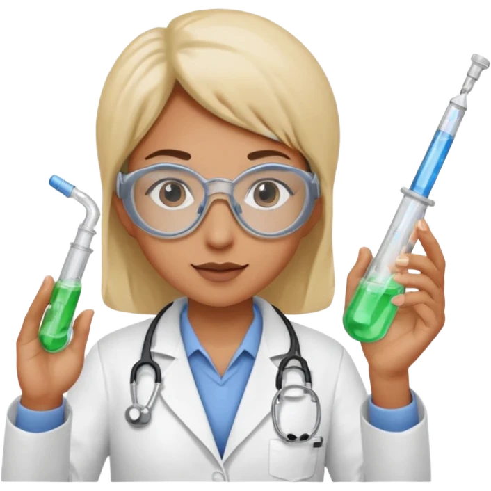 A person wearing safety goggles, a stethoscope, and a white coat. In one hand they hold a test tube containing chemicals and in the other a syringe. emoji