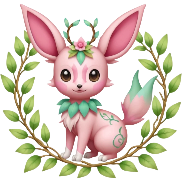 Rosy floral romantic cute Sylveon-Eevee-Celebi-Leafeon-Pokémon-Digimon-Fakémon-hybrid-fusion-creature with vines entangled around emoji