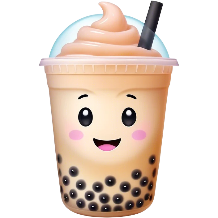 Cinematic pastel-colored bubble tea, chubby cup with a smiling face, tiny black tapioca pearls peeking out, soft glowing background, playful and adorable. emoji