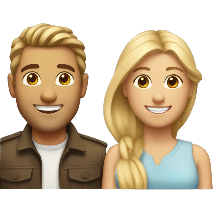 Woman and man smiling, woman has straight Brown hair in a ponytail, slightly sunkissed skin, man has blonde long hair which are in a ponytail, slightly sunkissed skin emoji