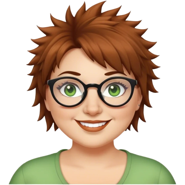  plus size white women round nose with short  brown shaggy spiked hair wearing glasses green eyes smiling emoji