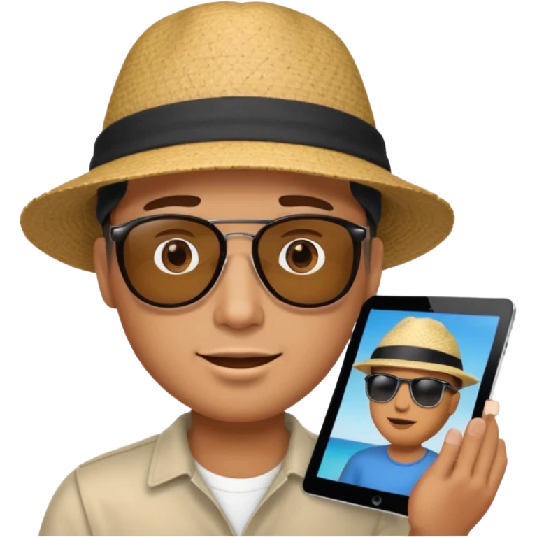 An iPad. On the iPad screen, a video is playing. The video shows a man talking to camera.  emoji